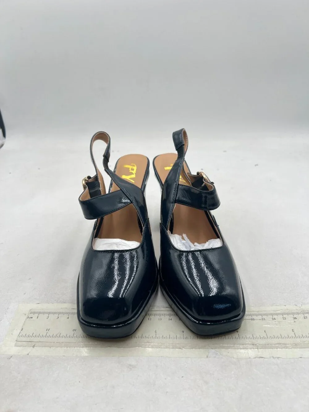 FYS Navy Platform Square Toe Pumps Block High Heel Mary Janes Slingback Shoes